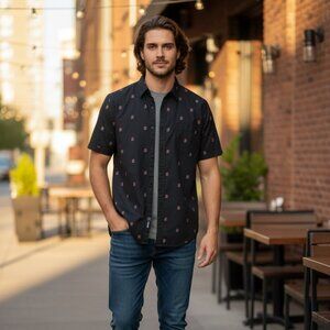 Men’s Black Rose Floral Short Sleeve Button Down Shirt Size XXLarge